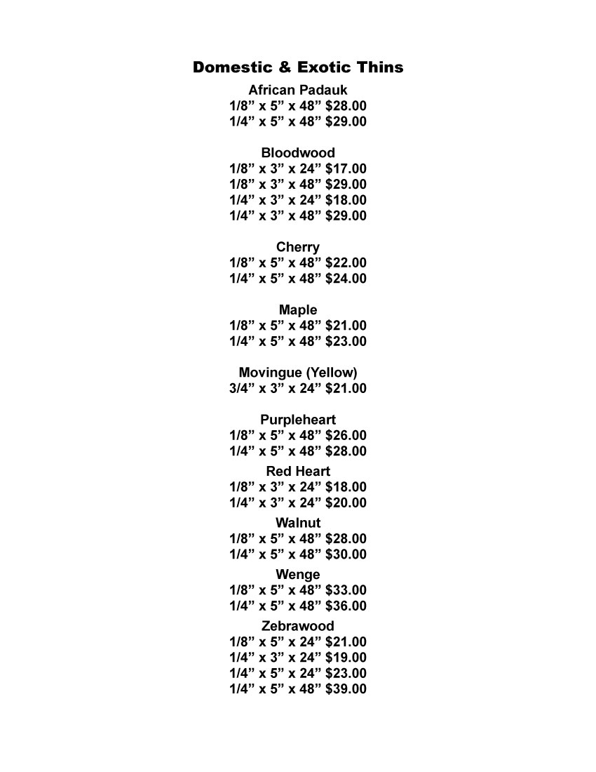 Exotic Lumber Price List